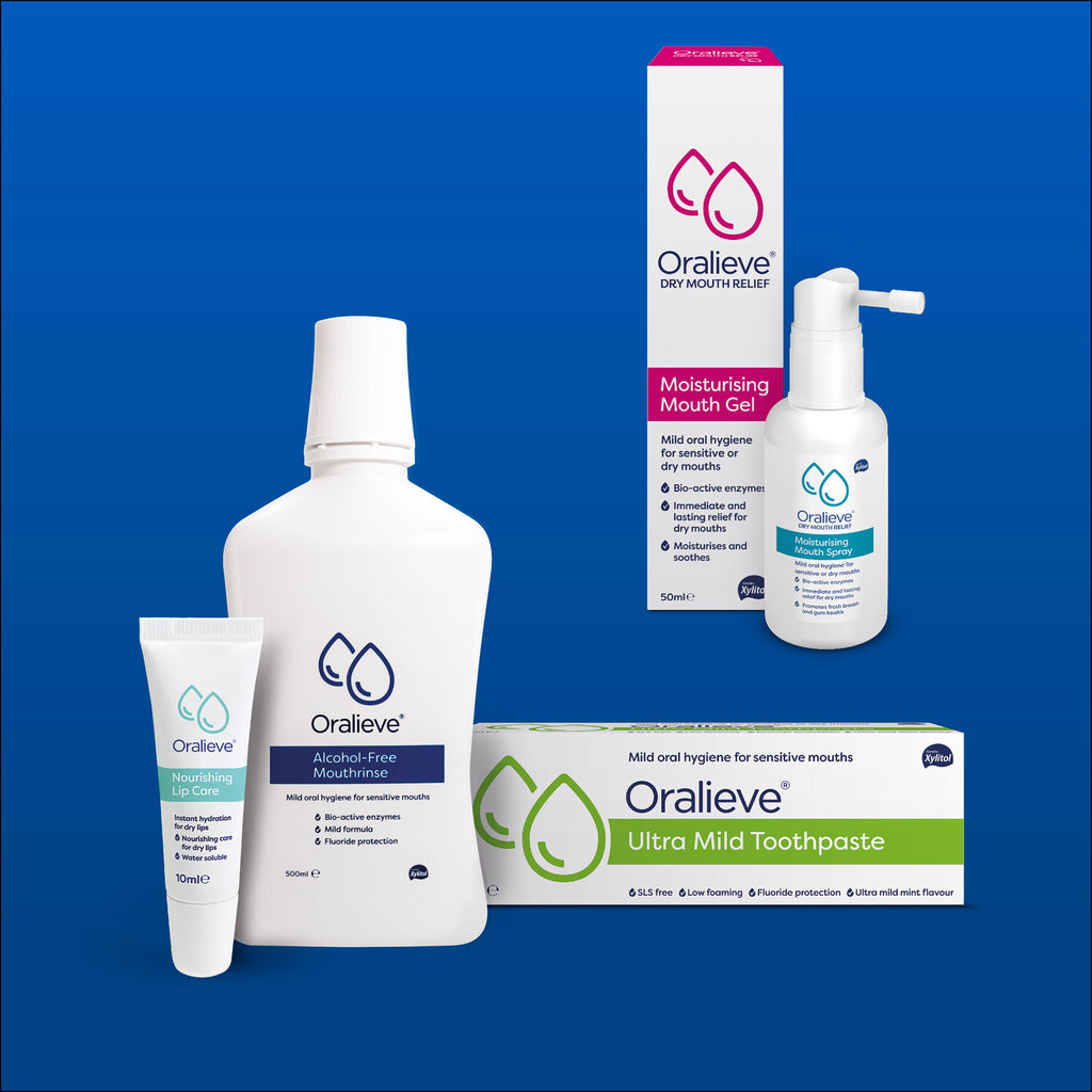 Oralieve dry mouth starter kit including Oralieve dry mouth spray, gel, mouthrinse, toothpaste and lip care